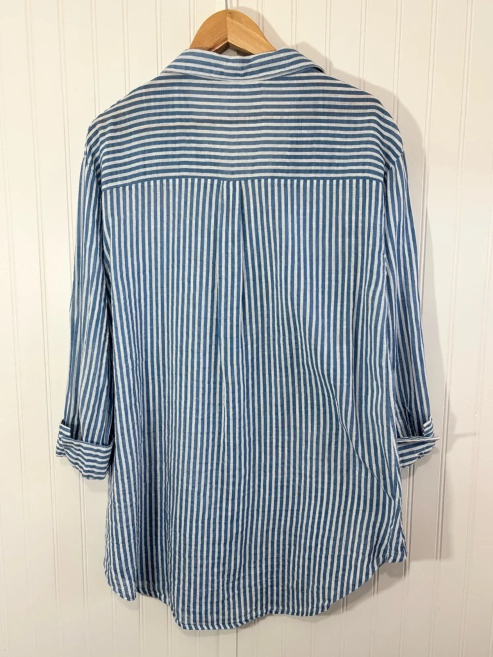 Turks & Caicos Blue White Stripe Cotton Button Down Swim Cover Up Shirt Size XL